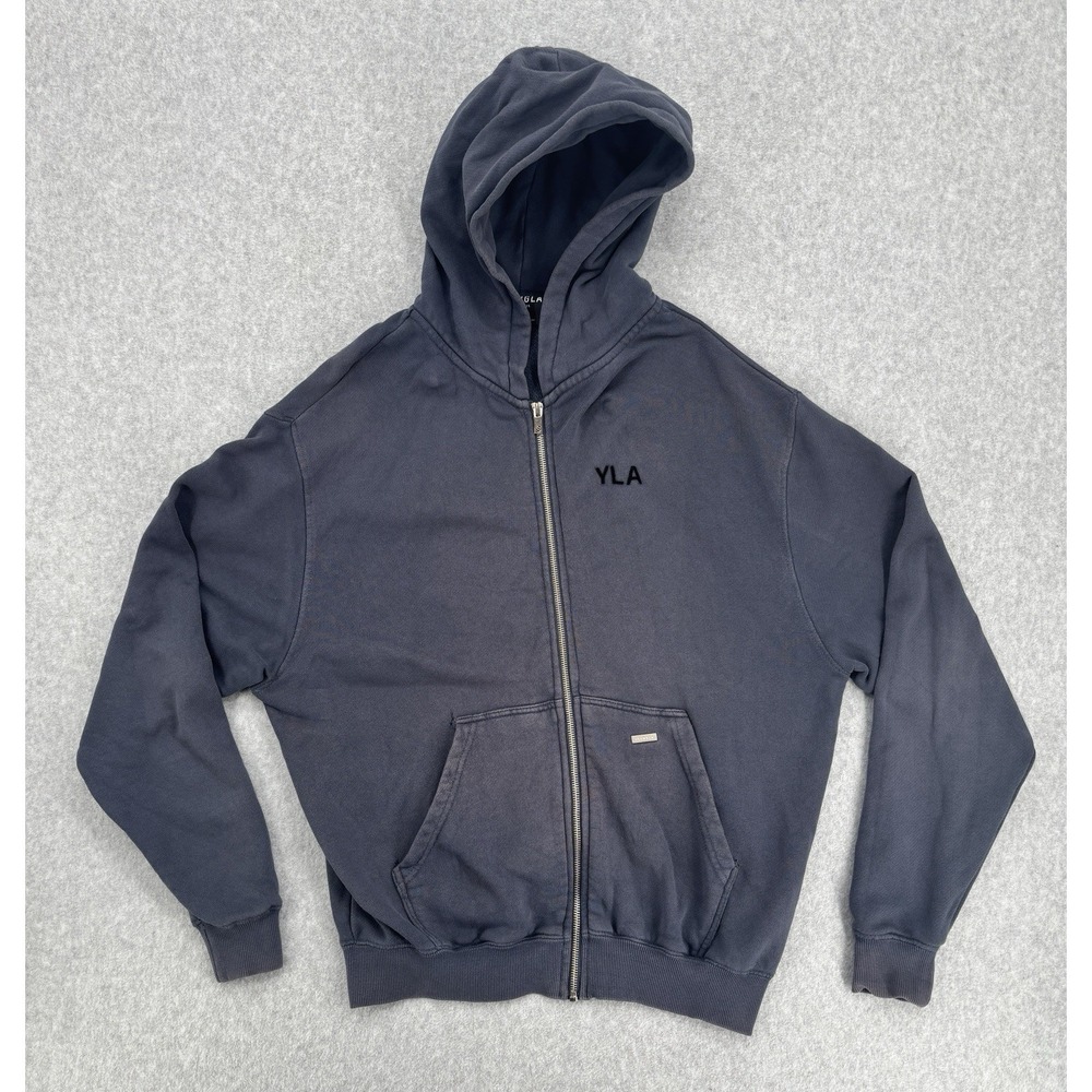 YoungLA Full Zip Hoodie Gray Spell Out Logo Heavyweight Men's Small